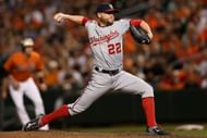 Pitcher Drew Storen of the Washington Nationals against the Baltimore Orioles at Oriole Park at Camden Yards